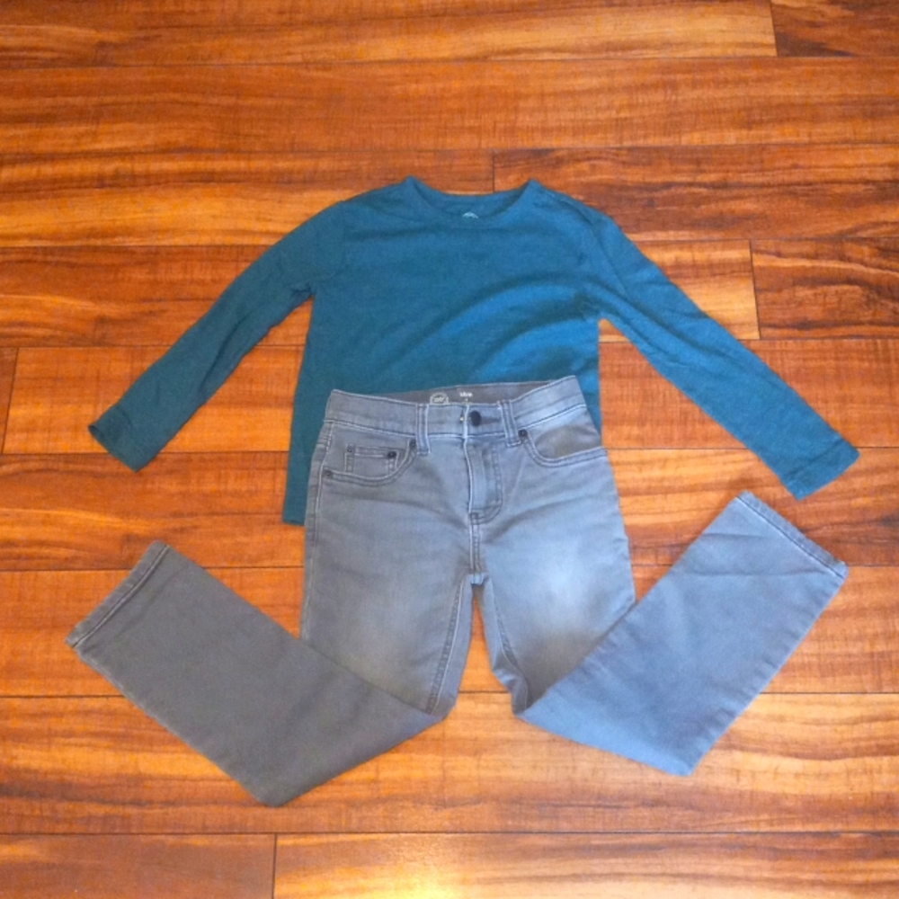 Boys gray jeans and turquoise long sleeve t